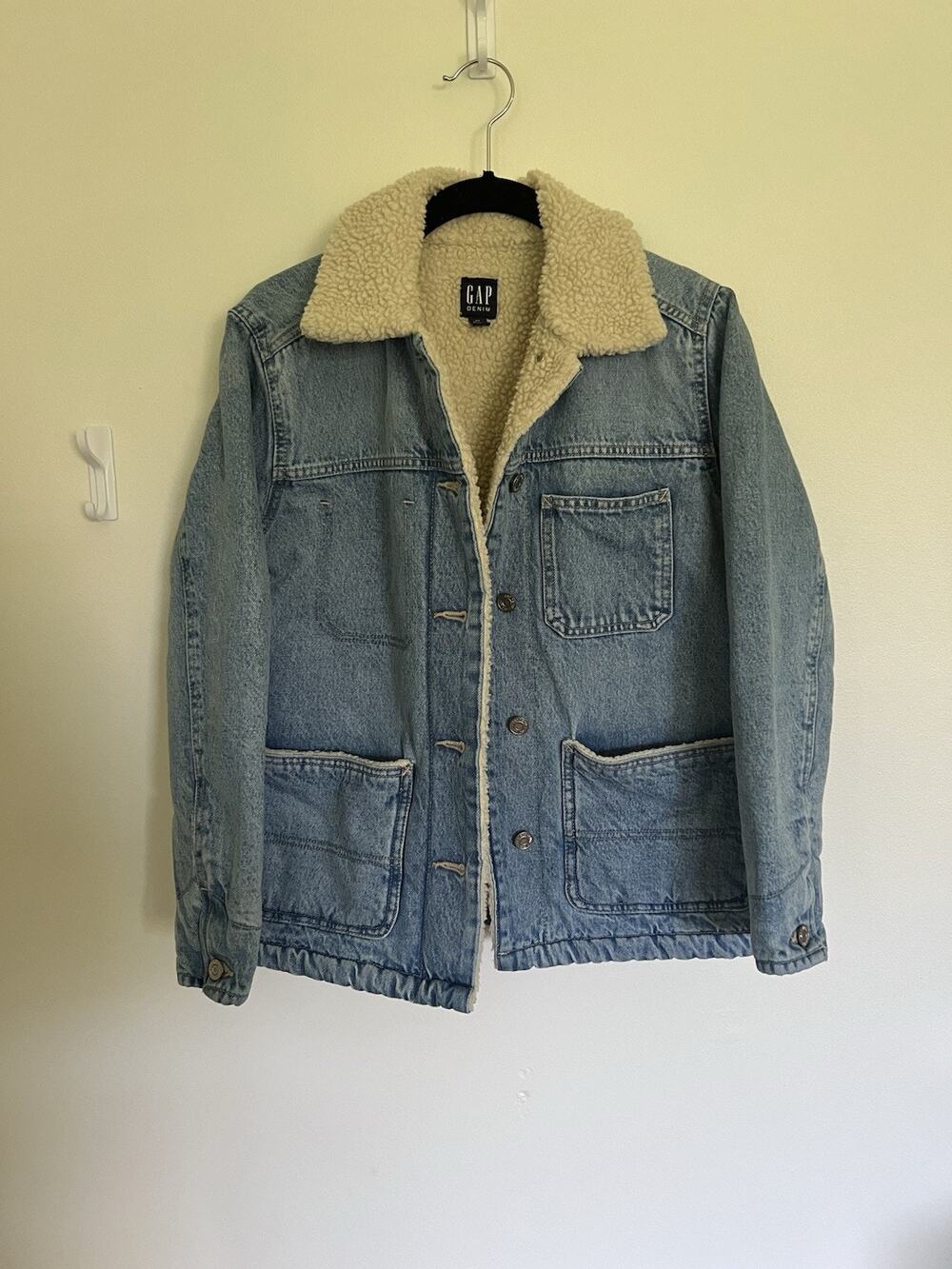 GAP Patch Pocket Sherpa Denim Jacket Chore Coat Barn Style Xs Petite Oversized